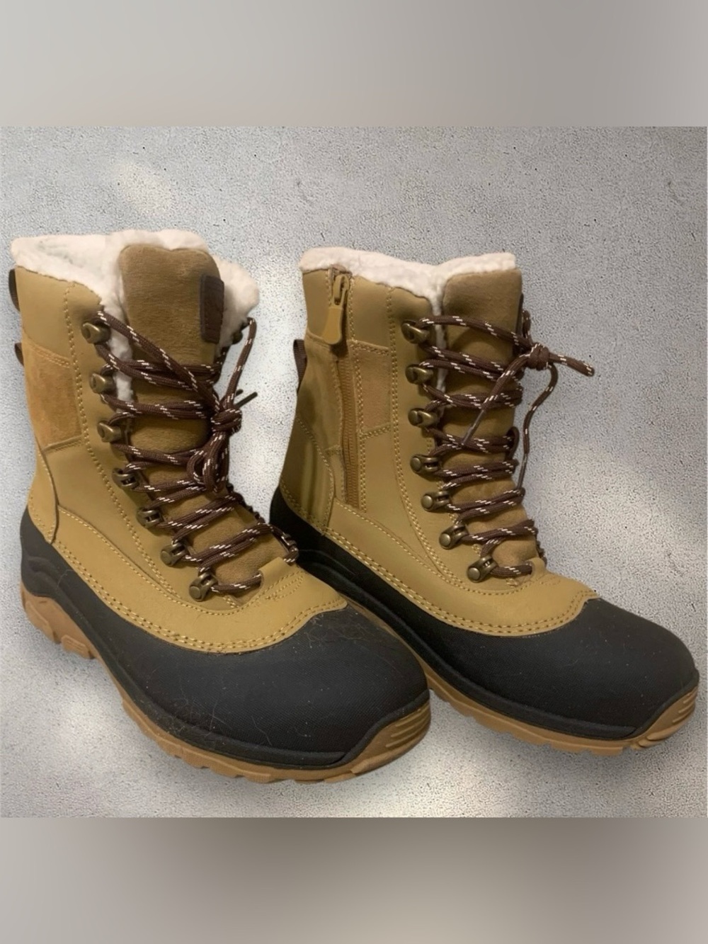 All in Motion Thermolite Waterproof Leather Snow Boots M8 W9.5 Faux Fur Cognac